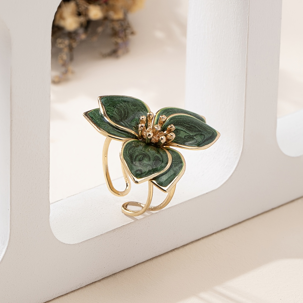 Enamel Flower Ring Green Marble Golden Tone Metal Open Ring